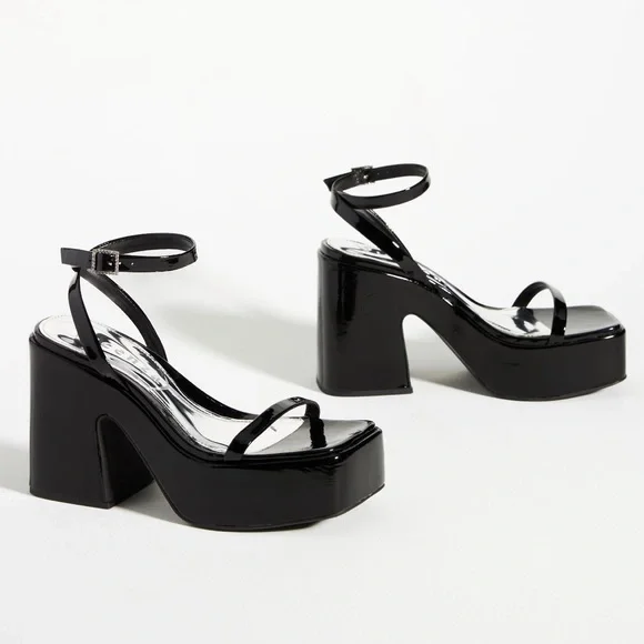 Vicenza Black Patent Leather Strappy Platform Heels - Picture 2 of 5